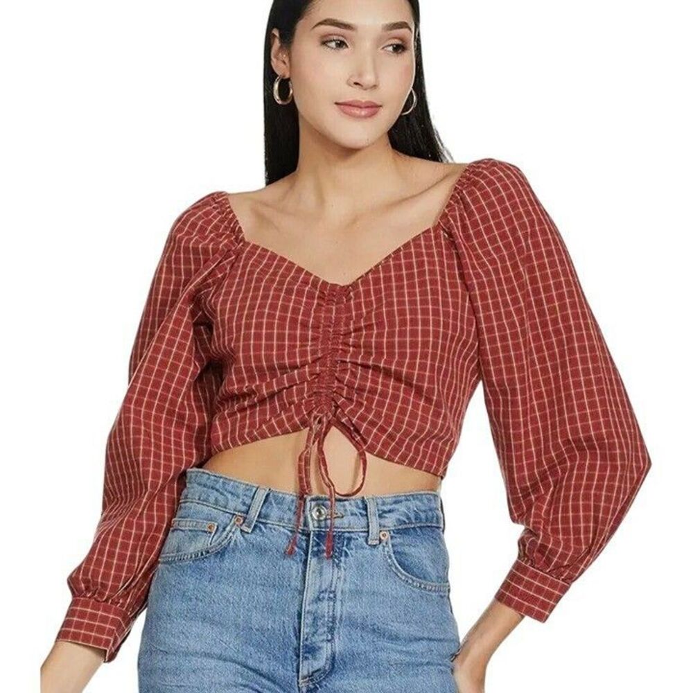 Levi’s Plaid Crop Top Sz XXL Long Sleeve Smocked Back Western Peasant Earth Red